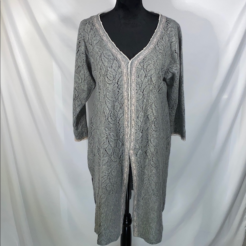 Vintage Crochet Kurti Gray Pearl Lace Accents Handmade Boho Tunic Dress